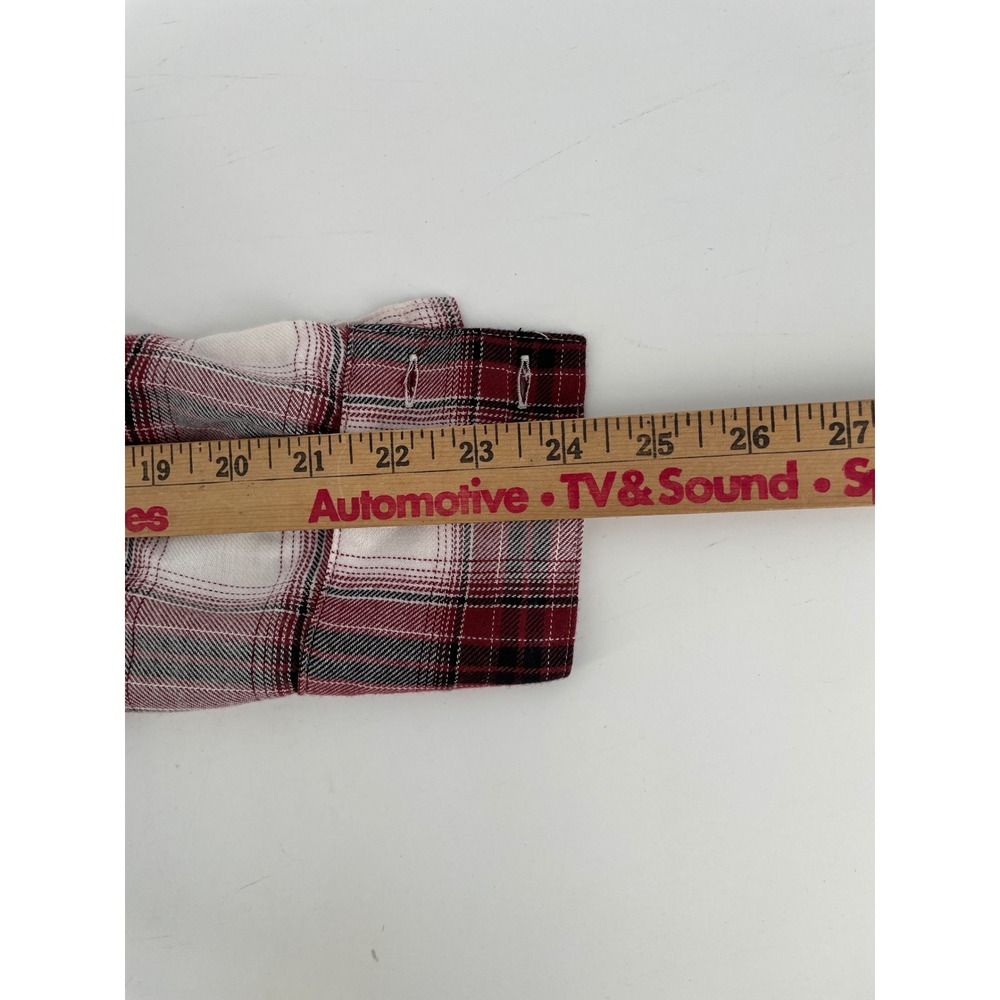 LOFT Plaid Ruffle Neck Flannel Top Womens Medium Burgundy Button Cottagecore - Picture 7 of 8